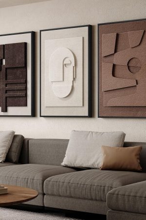 3D Textured White and Brown Minimalist Geometric Tri-Panel Wall Painting